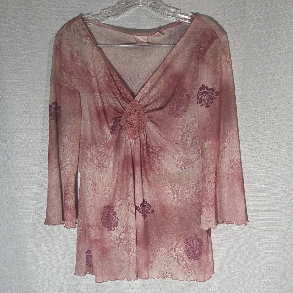Xhilaration Pink and Cream Top V Neck Vintage Ruffle Edge